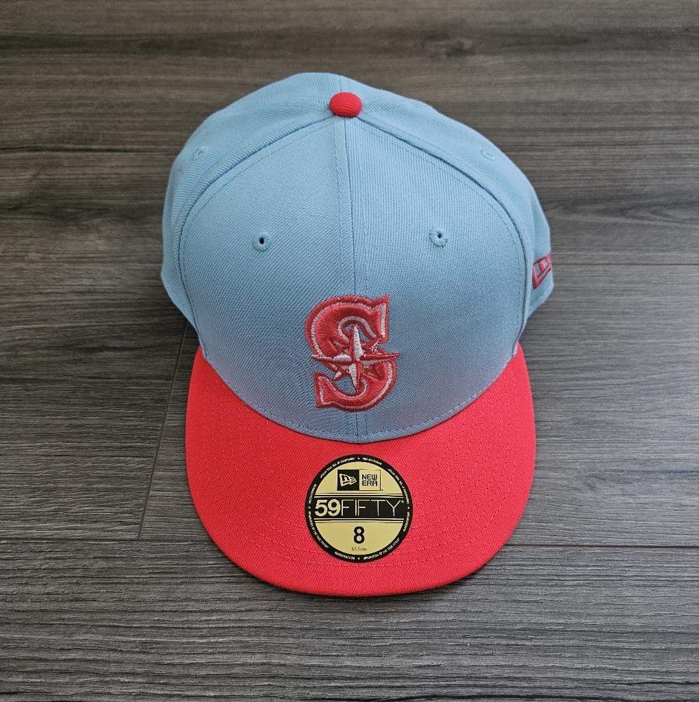 New Era Seattle Mariners Spring Two Tone Blue Pink Fitted Hat Size 8